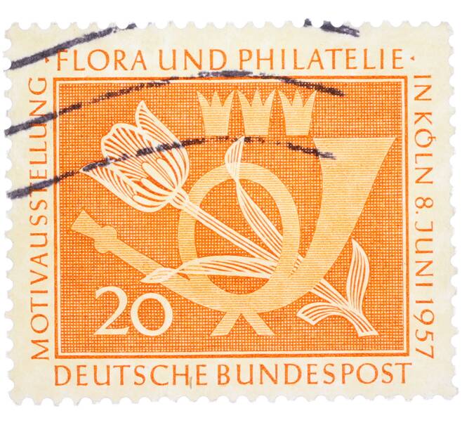 Почтовая марка 20 пфеннигов 1957 года Западная Германия (ФРГ) «Выставка почтовых марок в Кельне — Флора и филателия» (Артикул: T11-36134) — Фото №1