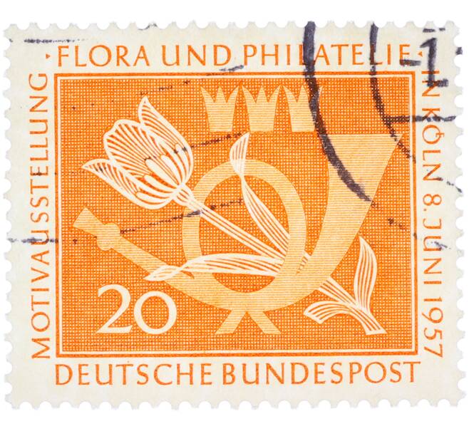 Почтовая марка 20 пфеннигов 1957 года Западная Германия (ФРГ) «Выставка почтовых марок в Кельне — Флора и филателия» (Артикул: T11-36137) — Фото №1