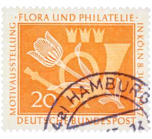 Почтовая марка 20 пфеннигов 1957 года Западная Германия (ФРГ) «Выставка почтовых марок в Кельне — Флора и филателия» — Фото №1