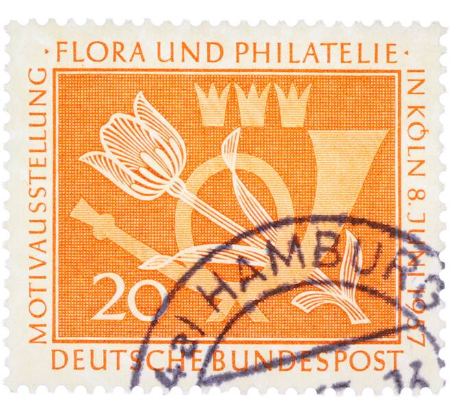 Почтовая марка 20 пфеннигов 1957 года Западная Германия (ФРГ) «Выставка почтовых марок в Кельне — Флора и филателия» (Артикул: T11-36138) — Фото №1