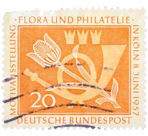 Почтовая марка 20 пфеннигов 1957 года Западная Германия (ФРГ) «Выставка почтовых марок в Кельне — Флора и филателия»