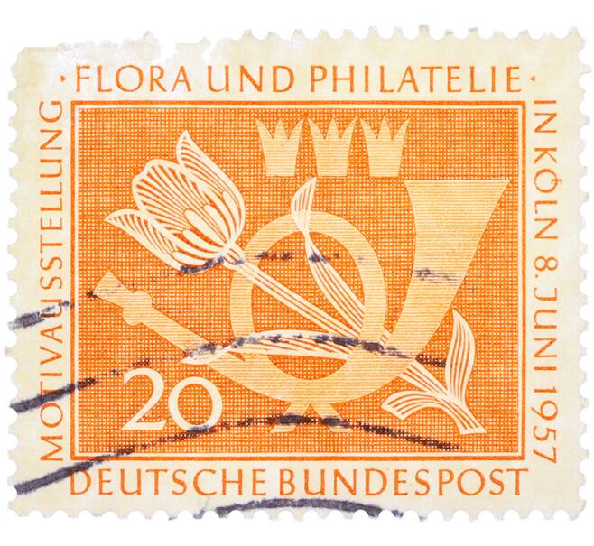 Почтовая марка 20 пфеннигов 1957 года Западная Германия (ФРГ) «Выставка почтовых марок в Кельне — Флора и филателия» (Артикул: T11-36140) — Фото №1