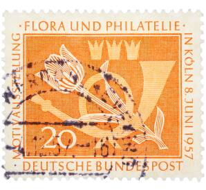 Почтовая марка 20 пфеннигов 1957 года Западная Германия (ФРГ) «Выставка почтовых марок в Кельне — Флора и филателия»