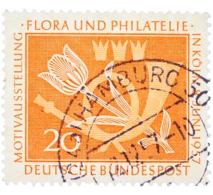 Почтовая марка 20 пфеннигов 1957 года Западная Германия (ФРГ) «Выставка почтовых марок в Кельне — Флора и филателия»