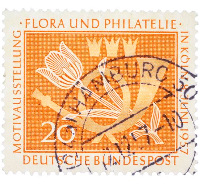 Почтовая марка 20 пфеннигов 1957 года Западная Германия (ФРГ) «Выставка почтовых марок в Кельне — Флора и филателия» (Артикул: T11-36143) — Фото №1