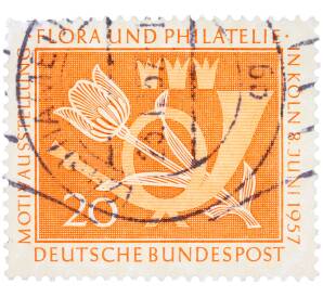 Почтовая марка 20 пфеннигов 1957 года Западная Германия (ФРГ) «Выставка почтовых марок в Кельне — Флора и филателия»