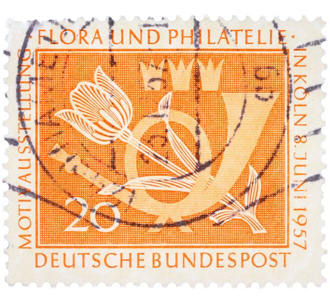 Почтовая марка 20 пфеннигов 1957 года Западная Германия (ФРГ) «Выставка почтовых марок в Кельне — Флора и филателия» (Артикул: T11-36144) — Фото №1