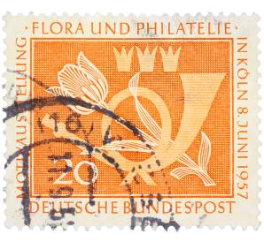 Почтовая марка 20 пфеннигов 1957 года Западная Германия (ФРГ) «Выставка почтовых марок в Кельне — Флора и филателия» — Фото №1