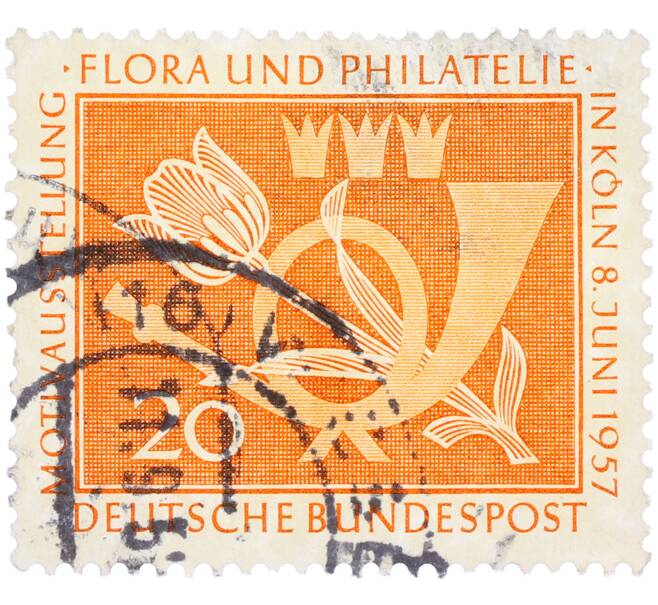 Почтовая марка 20 пфеннигов 1957 года Западная Германия (ФРГ) «Выставка почтовых марок в Кельне — Флора и филателия» (Артикул: T11-36146) — Фото №1