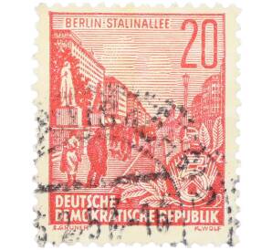 Почтовая марка 20 пфеннигов 1955 года Восточная Германия (ГДР) «Пятилетний план — Проспект Сталина» — Фото №1