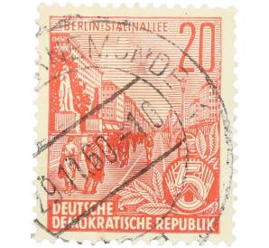 Почтовая марка 20 пфеннигов 1959 года Восточная Германия (ГДР) «Пятилетний план — Проспект Сталина» — Фото №1