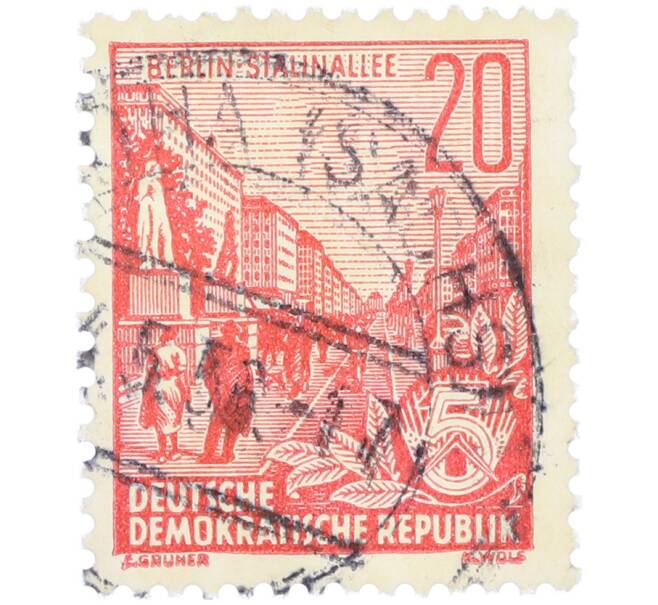 Почтовая марка 20 пфеннигов 1955 года Восточная Германия (ГДР) «Пятилетний план — Проспект Сталина» (Артикул: T11-36221) — Фото №1