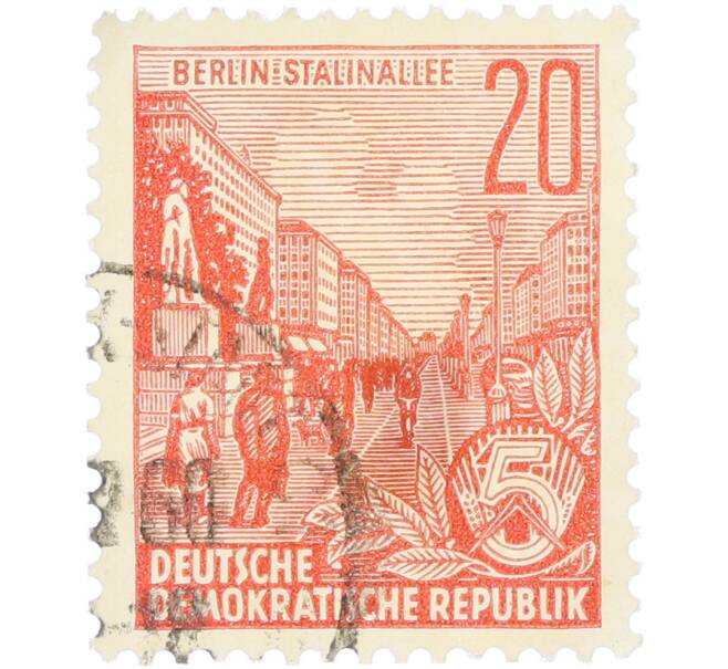 Почтовая марка 20 пфеннигов 1959 года Восточная Германия (ГДР) «Пятилетний план — Проспект Сталина» (Артикул: T11-36228) — Фото №1