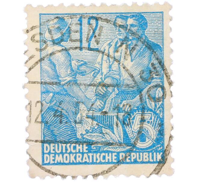Почтовая марка 12 пфеннигов 1953 года Восточная Германия (ГДР) «Пятилетний план — Крестьянин и рабочий» (Артикул: T11-36240) — Фото №1