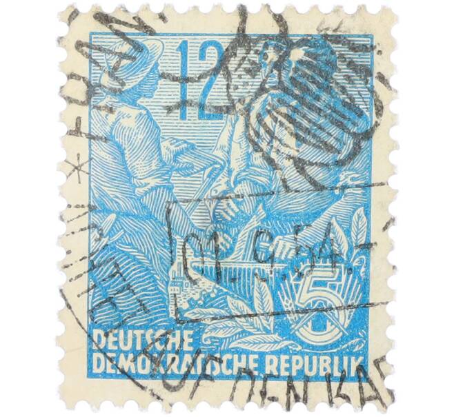 Почтовая марка 12 пфеннигов 1953 года Восточная Германия (ГДР) «Пятилетний план — Крестьянин и рабочий» (Артикул: T11-36245) — Фото №1