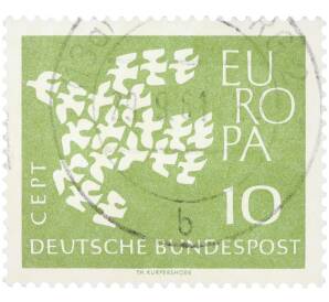 Почтовая марка 10 пфеннигов 1961 года Западная Германия (ФРГ) «Европейская конференция администраций почтовых служб и служб связи CEPT — Голуби» — Фото №1