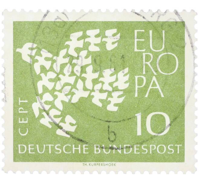 Почтовая марка 10 пфеннигов 1961 года Западная Германия (ФРГ) «Европейская конференция администраций почтовых служб и служб связи CEPT — Голуби» (Артикул: T11-36342) — Фото №1