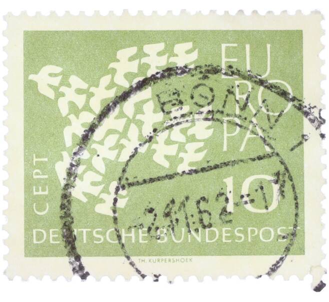 Почтовая марка 10 пфеннигов 1961 года Западная Германия (ФРГ) «Европейская конференция администраций почтовых служб и служб связи CEPT — Голуби» (Артикул: T11-36352) — Фото №1