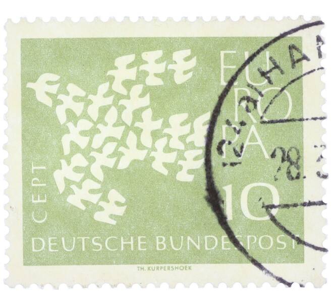 Почтовая марка 10 пфеннигов 1961 года Западная Германия (ФРГ) «Европейская конференция администраций почтовых служб и служб связи CEPT — Голуби» (Артикул: T11-36354) — Фото №1