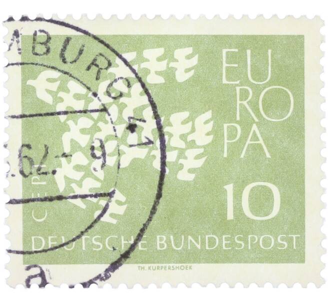 Почтовая марка 10 пфеннигов 1961 года Западная Германия (ФРГ) «Европейская конференция администраций почтовых служб и служб связи CEPT — Голуби» (Артикул: T11-36355) — Фото №1