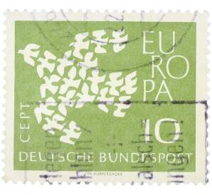 Почтовая марка 10 пфеннигов 1961 года Западная Германия (ФРГ) «Европейская конференция администраций почтовых служб и служб связи CEPT — Голуби» — Фото №1