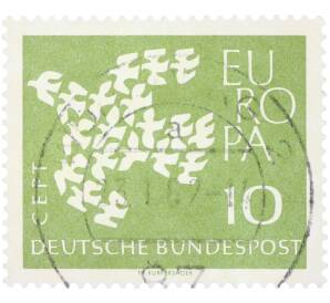 Почтовая марка 10 пфеннигов 1961 года Западная Германия (ФРГ) «Европейская конференция администраций почтовых служб и служб связи CEPT — Голуби» — Фото №1
