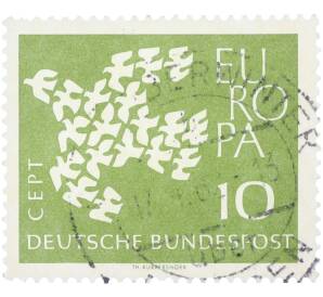 Почтовая марка 10 пфеннигов 1961 года Западная Германия (ФРГ) «Европейская конференция администраций почтовых служб и служб связи CEPT — Голуби» — Фото №1