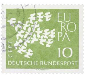 Почтовая марка 10 пфеннигов 1961 года Западная Германия (ФРГ) «Европейская конференция администраций почтовых служб и служб связи CEPT — Голуби» — Фото №1
