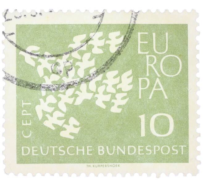 Почтовая марка 10 пфеннигов 1961 года Западная Германия (ФРГ) «Европейская конференция администраций почтовых служб и служб связи CEPT — Голуби» (Артикул: T11-36375) — Фото №1