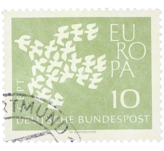 Почтовая марка 10 пфеннигов 1961 года Западная Германия (ФРГ) «Европейская конференция администраций почтовых служб и служб связи CEPT — Голуби» (Артикул: T11-36376) — Фото №1