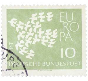 Почтовая марка 10 пфеннигов 1961 года Западная Германия (ФРГ) «Европейская конференция администраций почтовых служб и служб связи CEPT — Голуби» — Фото №1