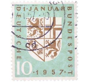 Почтовая марка 10 пфеннигов 1957 года Западная Германия (ФРГ) «Реинтеграция Саарской области в состав ФРГ» — Фото №1