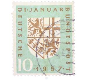Почтовая марка 10 пфеннигов 1957 года Западная Германия (ФРГ) «Реинтеграция Саарской области в состав ФРГ» — Фото №1
