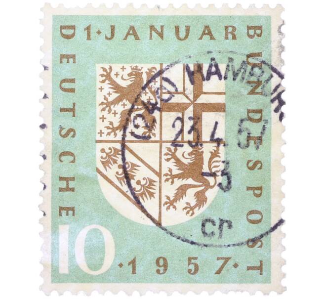 Почтовая марка 10 пфеннигов 1957 года Западная Германия (ФРГ) «Реинтеграция Саарской области в состав ФРГ» (Артикул: T11-36404) — Фото №1