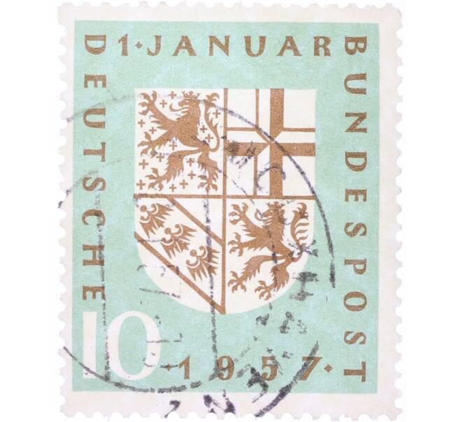 Почтовая марка 10 пфеннигов 1957 года Западная Германия (ФРГ) «Реинтеграция Саарской области в состав ФРГ» (Артикул: T11-36400) — Фото №1