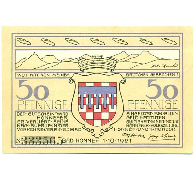 Банкнота 50 пфеннигов 1921 года Германия — Бад-Хоннеф (Нотгельд) (Артикул: K10-12486) — Фото №1