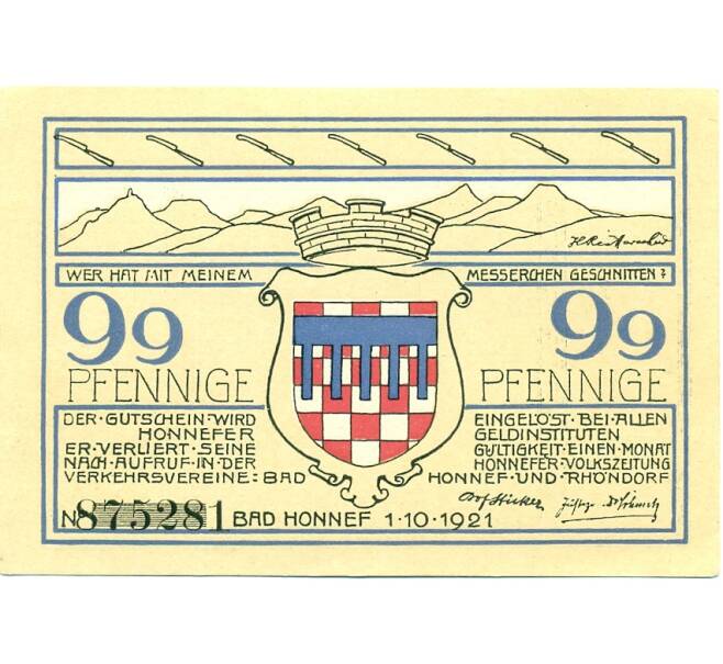 Банкнота 99 пфеннигов 1921 года Германия — Бад-Хоннеф (Нотгельд) (Артикул: K10-12487) — Фото №1