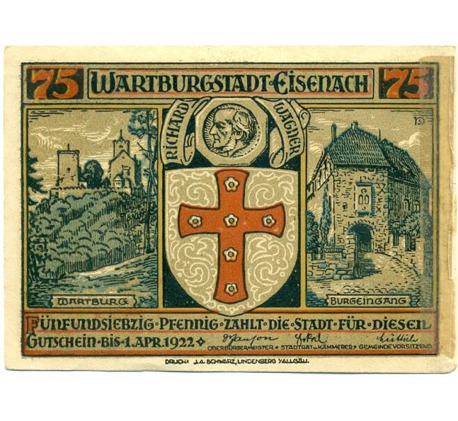 Банкнота 75 пфеннигов 1921 года Германия — Айзенах (Нотгельд) (Артикул: K10-12501) — Фото №1