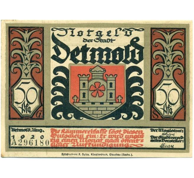 Банкнота 50 пфеннигов 1921 года Германия — Детмольд (Нотгельд) (Артикул: K10-12557) — Фото №1