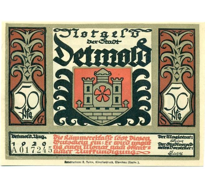Банкнота 50 пфеннигов 1921 года Германия — Детмольд (Нотгельд) (Артикул: K10-12560) — Фото №1