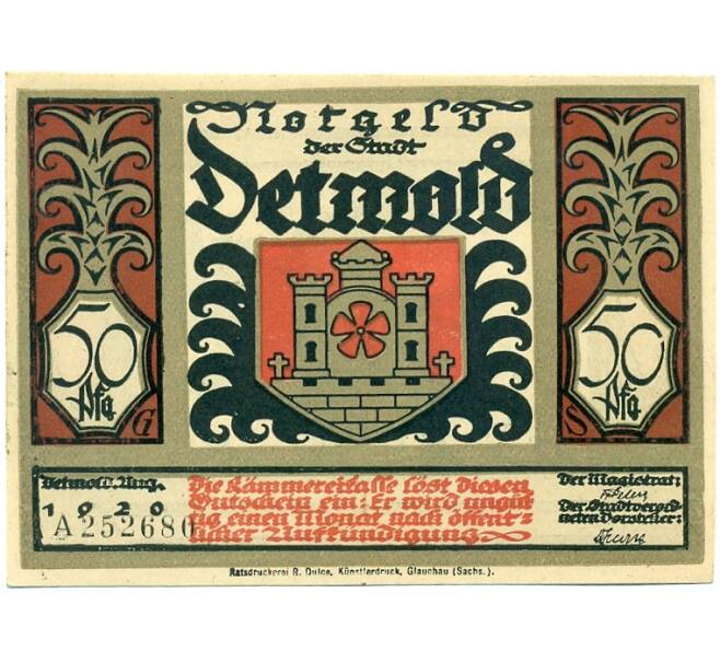 Банкнота 50 пфеннигов 1921 года Германия — Детмольд (Нотгельд) (Артикул: K10-12561) — Фото №1
