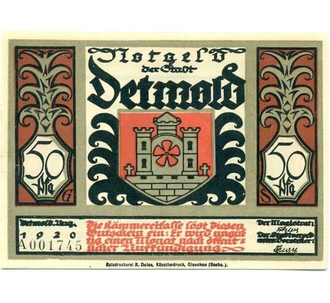 Банкнота 50 пфеннигов 1921 года Германия — Детмольд (Нотгельд) (Артикул: K10-12564) — Фото №1