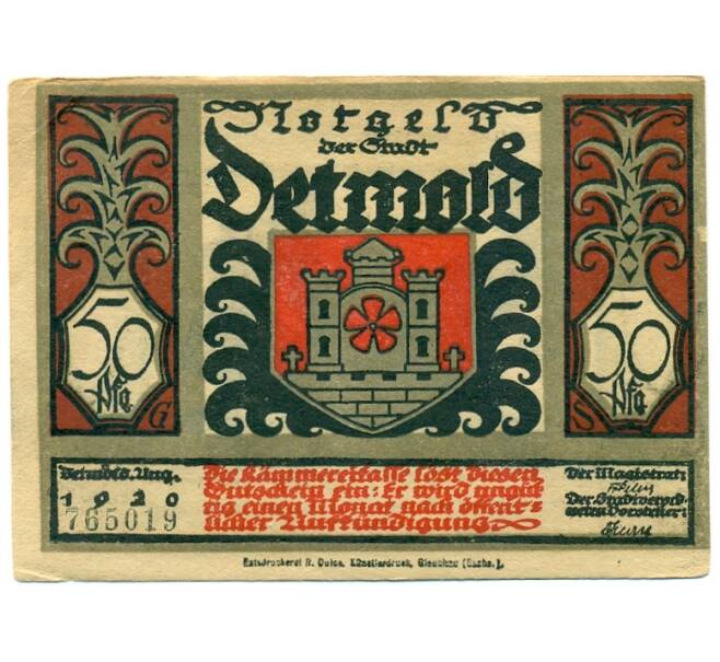 Банкнота 50 пфеннигов 1921 года Германия — Детмольд (Нотгельд) (Артикул: K10-12571) — Фото №1