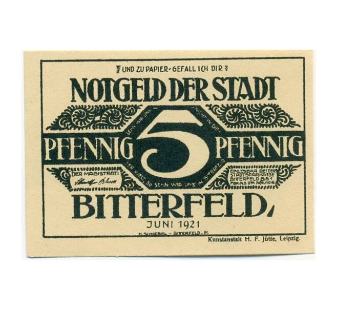 Банкнота 5 пфеннигов 1921 года Германия — Биттерфельд (Нотгельд) (Артикул: K10-12585) — Фото №1