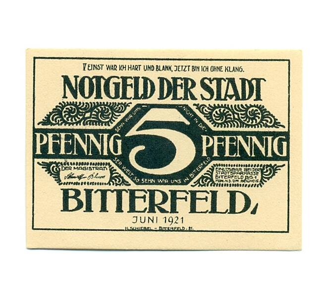 Банкнота 5 пфеннигов 1921 года Германия — Биттерфельд (Нотгельд) (Артикул: K10-12586) — Фото №1