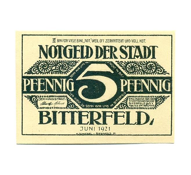 Банкнота 5 пфеннигов 1921 года Германия — Биттерфельд (Нотгельд) (Артикул: K10-12587) — Фото №1
