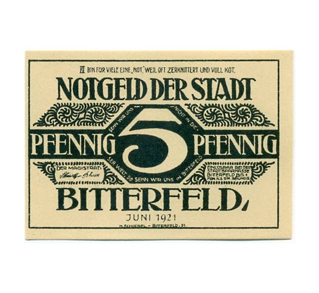 Банкнота 5 пфеннигов 1921 года Германия — Биттерфельд (Нотгельд) (Артикул: K10-12588) — Фото №1