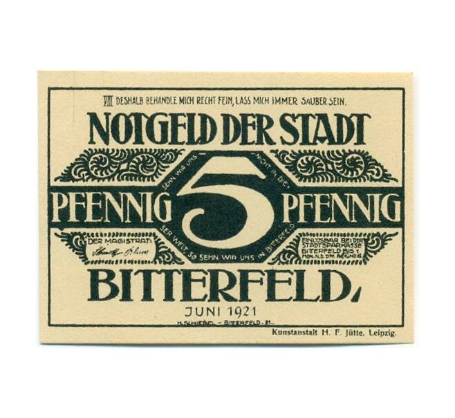 Банкнота 5 пфеннигов 1921 года Германия — Биттерфельд (Нотгельд) (Артикул: K10-12589) — Фото №1