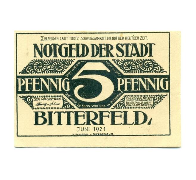 Банкнота 5 пфеннигов 1921 года Германия — Биттерфельд (Нотгельд) (Артикул: K10-12591) — Фото №1