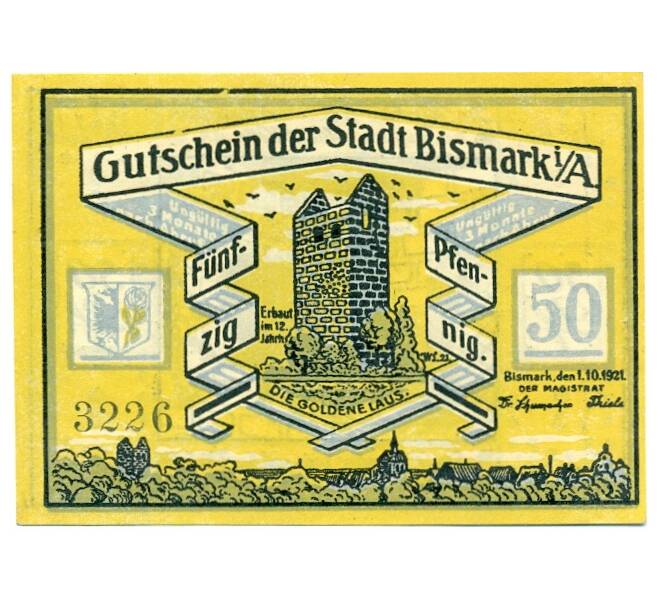 Банкнота 50 пфеннигов 1921 года Германия — Бисмарк (Нотгельд) (Артикул: K10-12596) — Фото №1